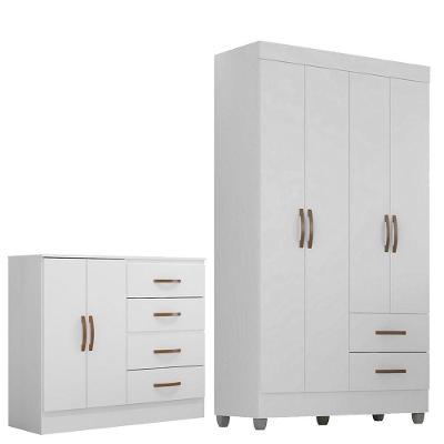 Kit Guarda Roupa Solteiro e Cômoda Sapateira Lisa 4 Portas de Bater 4 Gavetas em MDP Branco