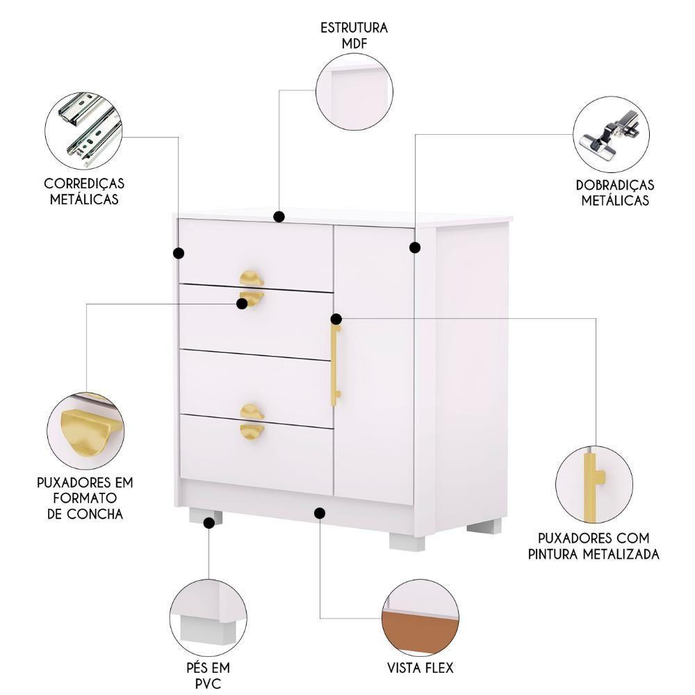 Cômoda Para Quarto 93cm Com 1 Porta Nara Flex Branco V02 - Mpozenato - 3