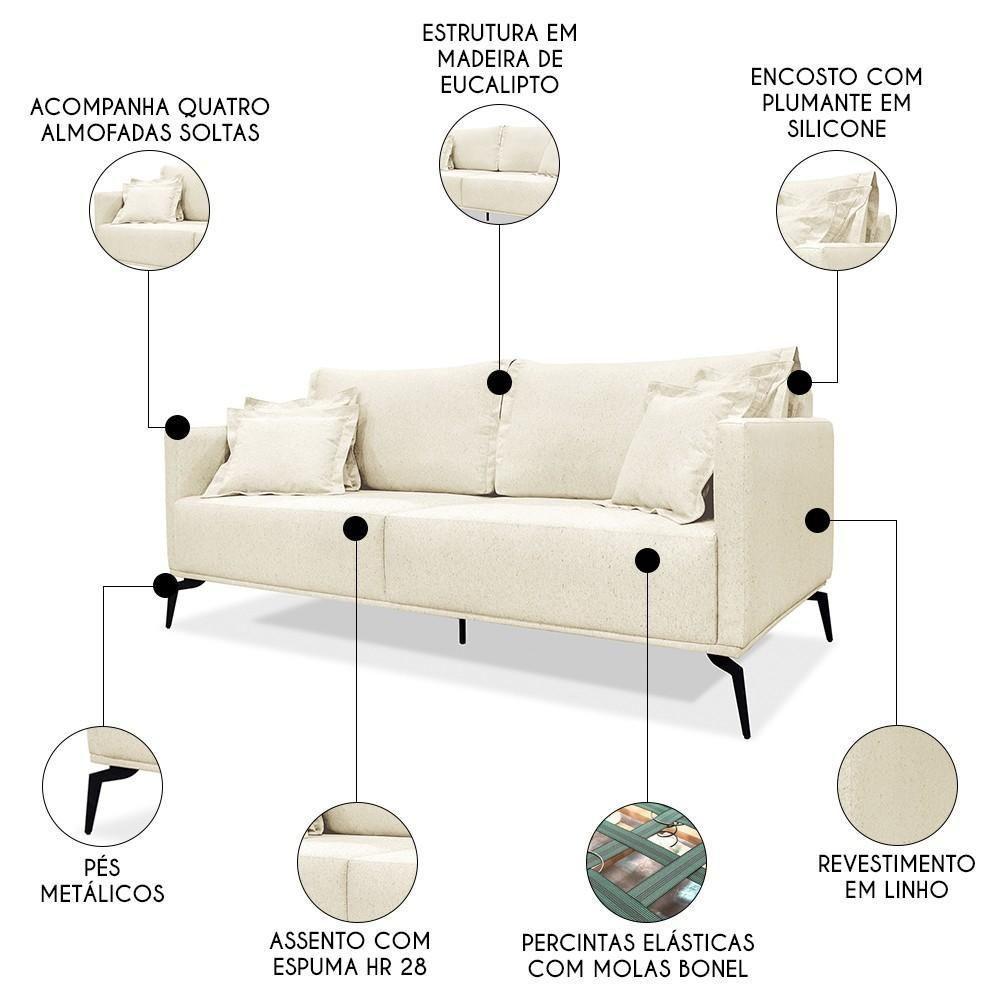 Sofá 2 Lugares 180cm Pés De Metal Vecchia S06 Linho Pérola - Mpozenato - 3