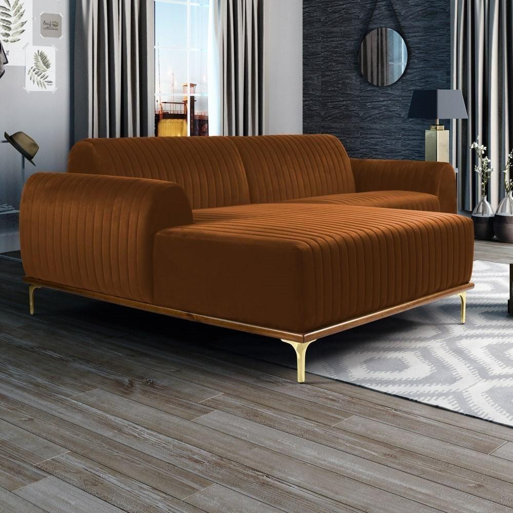Sofá 320cm 5 Lugares Com Chaise Esquerdo Pés Gold Molino C-262 Veludo Telha - Domi - 2