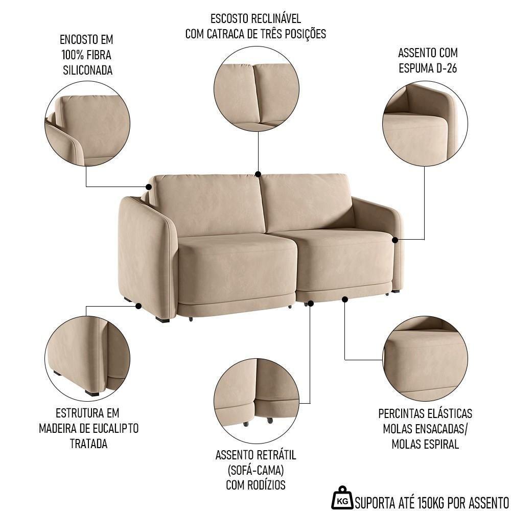 Sofá Cama Casal Para Sala 236cm Polska Z08 Veludo Bege - Mpozenato - 3