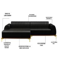 Sofá 255cm 4 Lugares Com Chaise Esquerdo Pés Gold Molino B-159 Corano Preto - Domi - 3