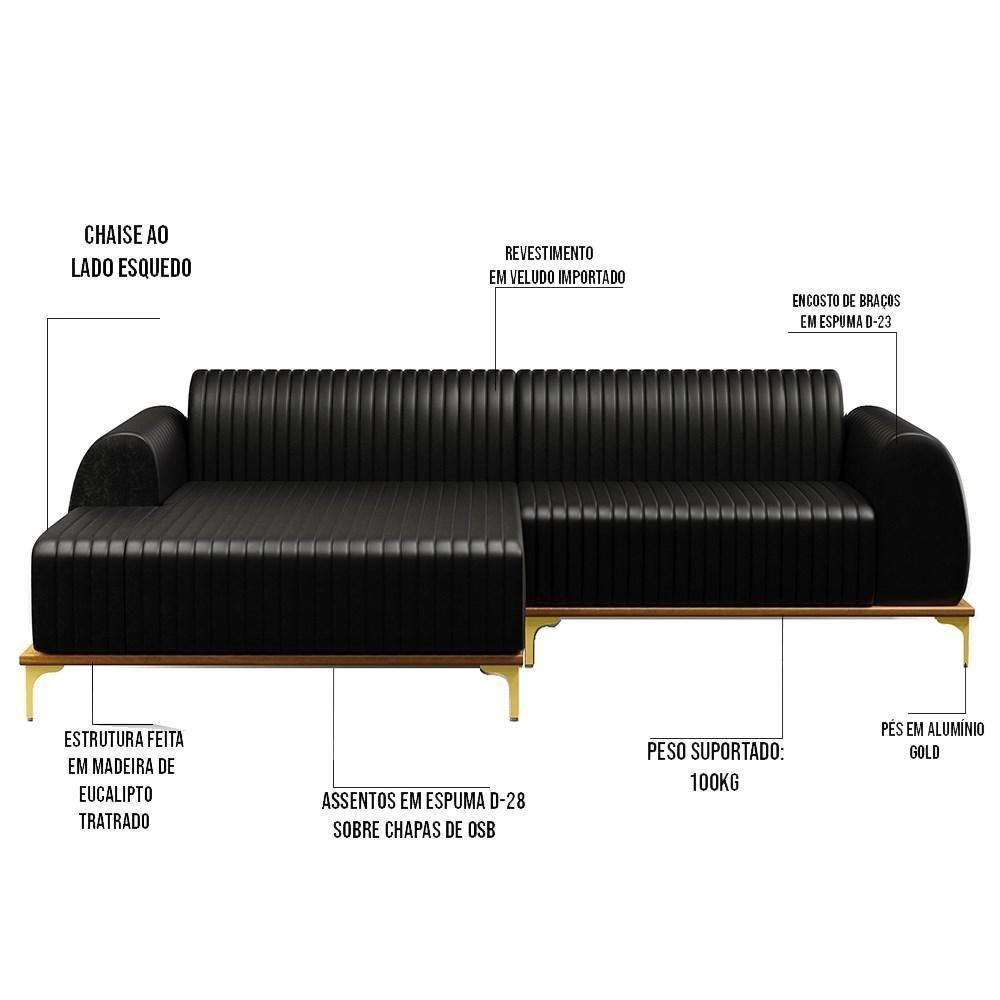 Sofá 245cm 4 Lugares Com Chaise Esquerdo Pés Gold Molino B-159 Corano Preto - Domi - 3