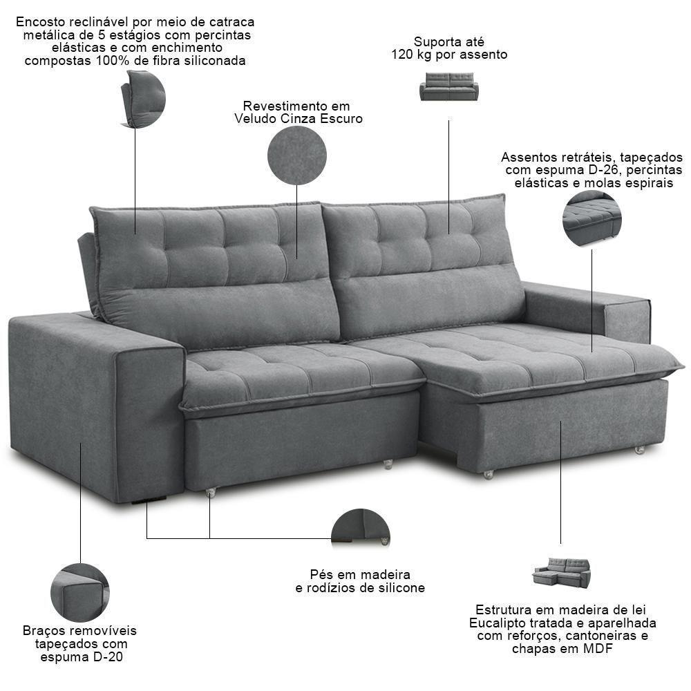 Sofá Retrátil Reclinável Para Sala 3 Lugares 200cm Neruda F04 Veludo Cinza Escuro - Lyam Decor - 3