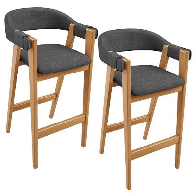 Kit 2 Banquetas Alta Nadja L02 em Linho Estrutura de Madeira com Encosto Cinza Escuro Cozinha Bar
