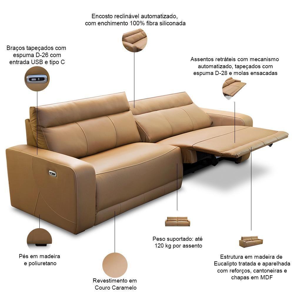 Sofá 3 Lugares Retrátil Reclinável Elétrico 224cm Mazi L06 Couro Caramelo - Lyam Decor - 3