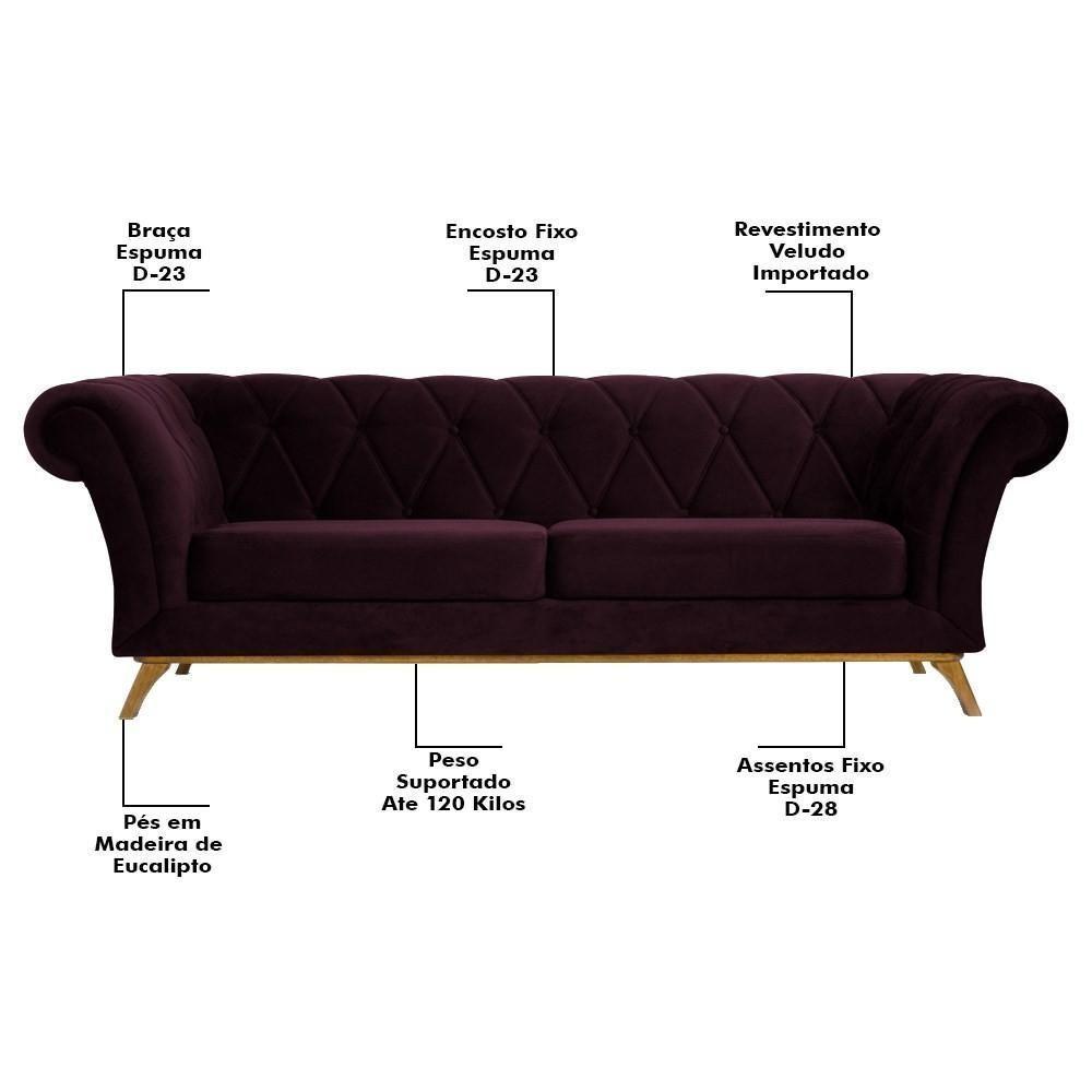 Sofá 210cm 3 Lugares Base Madeira Império C-292 Veludo Uva - Domi - 3