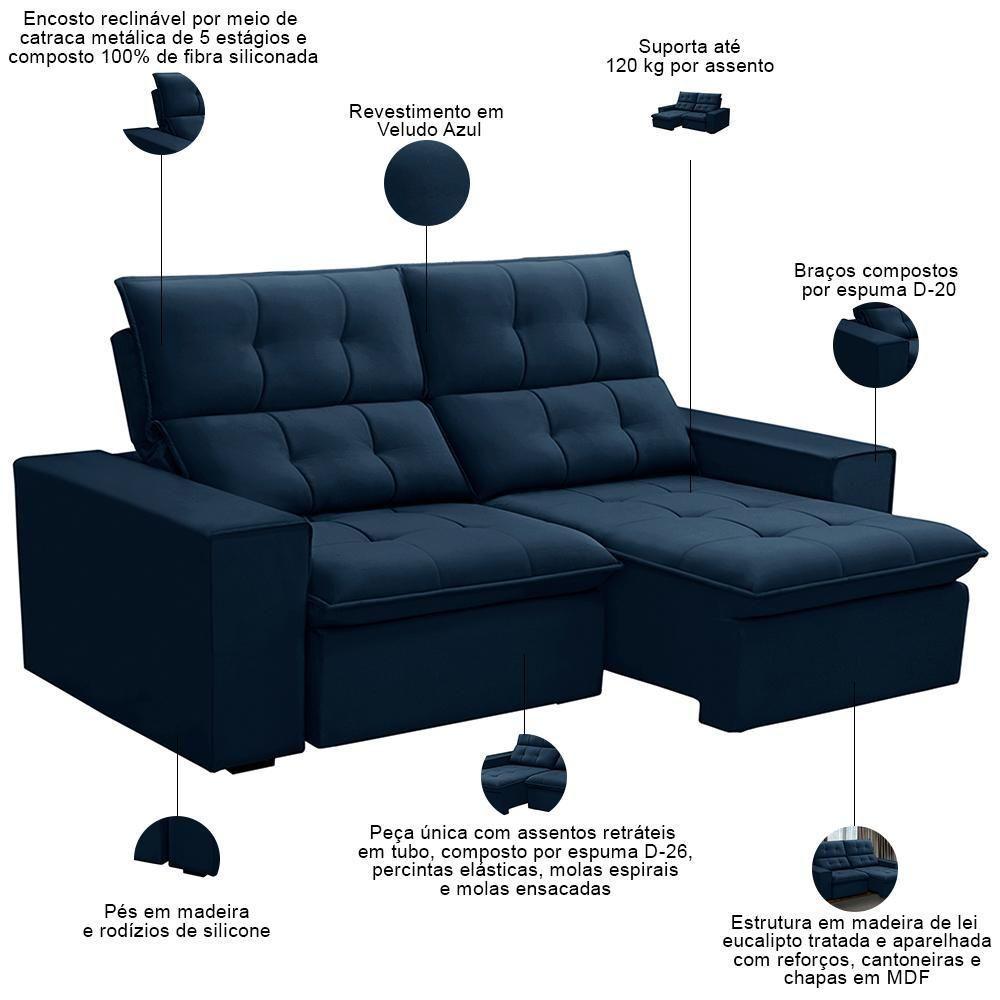 Sofá Retrátil Reclinável Para Sala 3 Lugares 210cm Vincent F04 Veludo Azul - Lyam Decor - 3