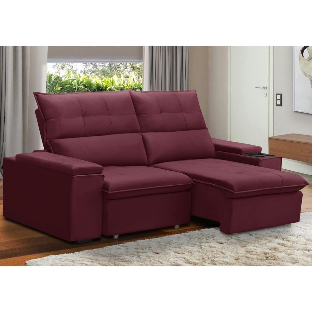 Sofá Retrátil Reclinável Para Sala 3 Lugares 210cm Niels F04 Veludo Vermelho - Lyam Decor - 2