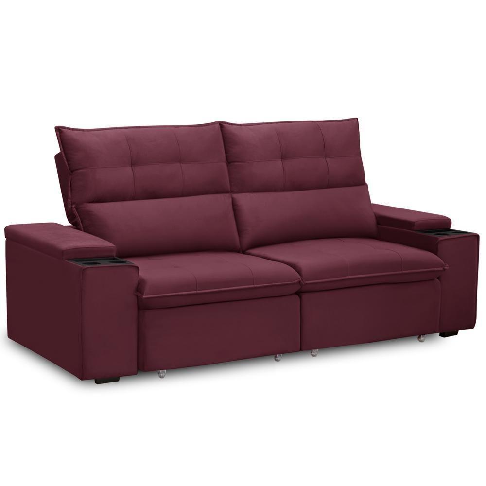 Sofá Retrátil Reclinável Para Sala 3 Lugares 210cm Niels F04 Veludo Vermelho - Lyam Decor - 8