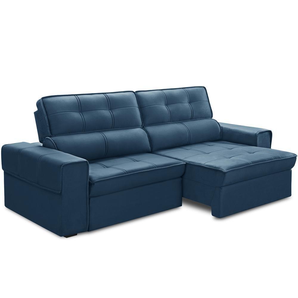 Sofá Retrátil Reclinável Para Sala 3 Lugares 210cm Samir F04 Veludo Azul - Lyam Decor - 1
