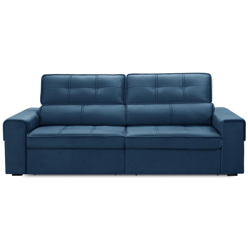 Sofá Retrátil Reclinável Para Sala 3 Lugares 210cm Samir F04 Veludo Azul - Lyam Decor - 5