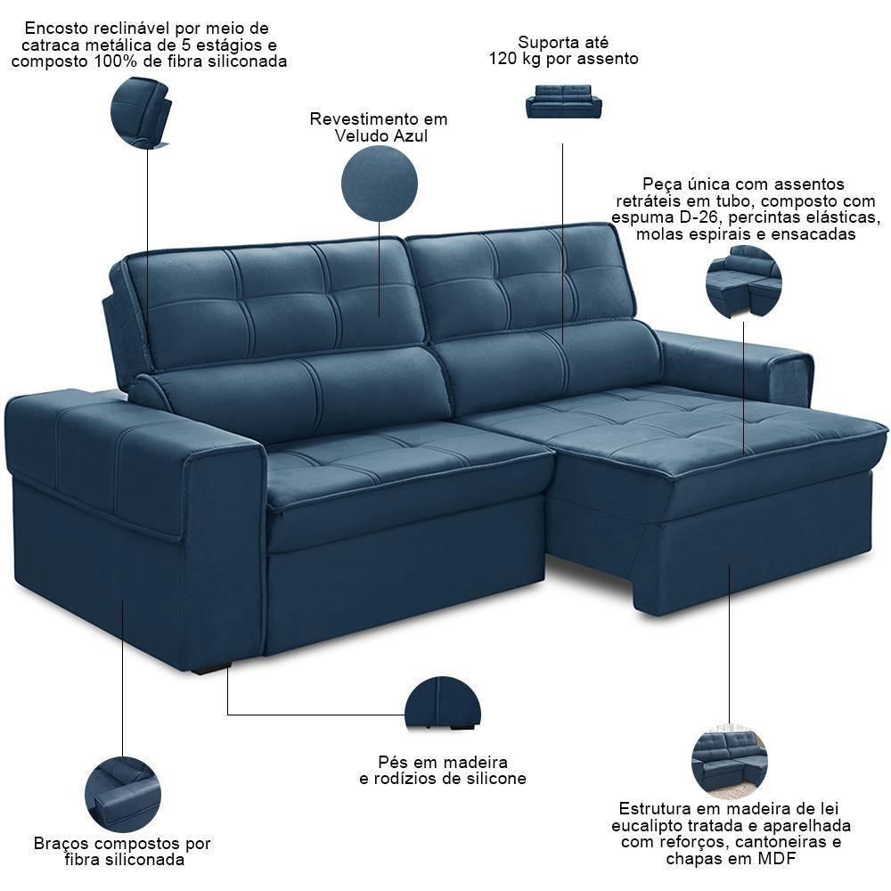 Sofá Retrátil Reclinável Para Sala 3 Lugares 210cm Samir F04 Veludo Azul - Lyam Decor - 6