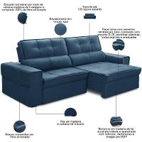 Sofá Retrátil Reclinável Para Sala 3 Lugares 210cm Samir F04 Veludo Azul - Lyam Decor - 6
