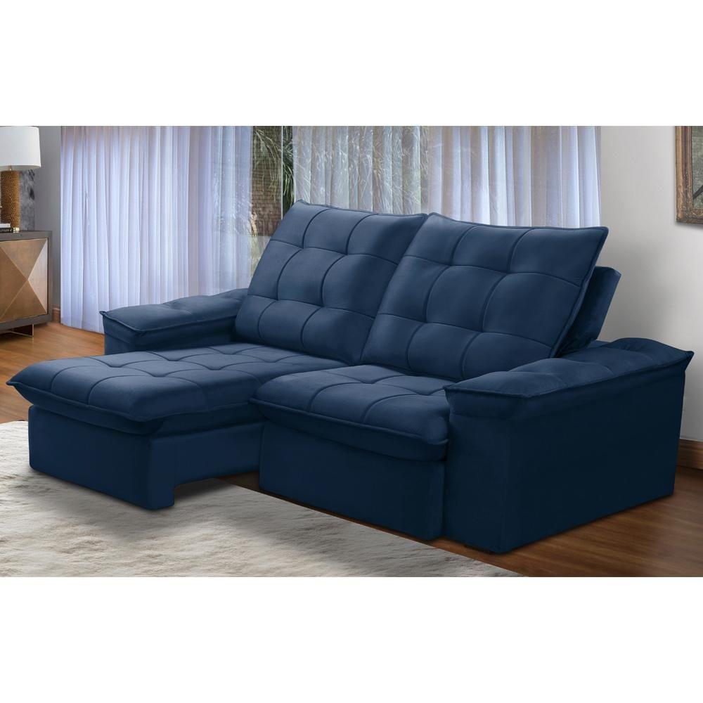 Sofá Retrátil Reclinável Para Sala 3 Lugares 210cm Nijma F04 Veludo Azul - Lyam Decor - 2