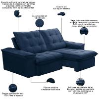Sofá Retrátil Reclinável Para Sala 3 Lugares 210cm Nijma F04 Veludo Azul - Lyam Decor - 3