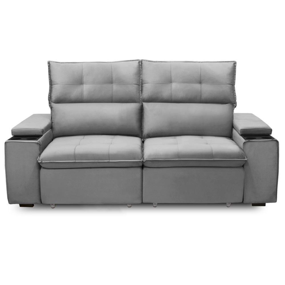 Sofá Retrátil Reclinável Para Sala 3 Lugares 210cm Niels F04 Veludo Cinza Claro - Lyam Decor - 3