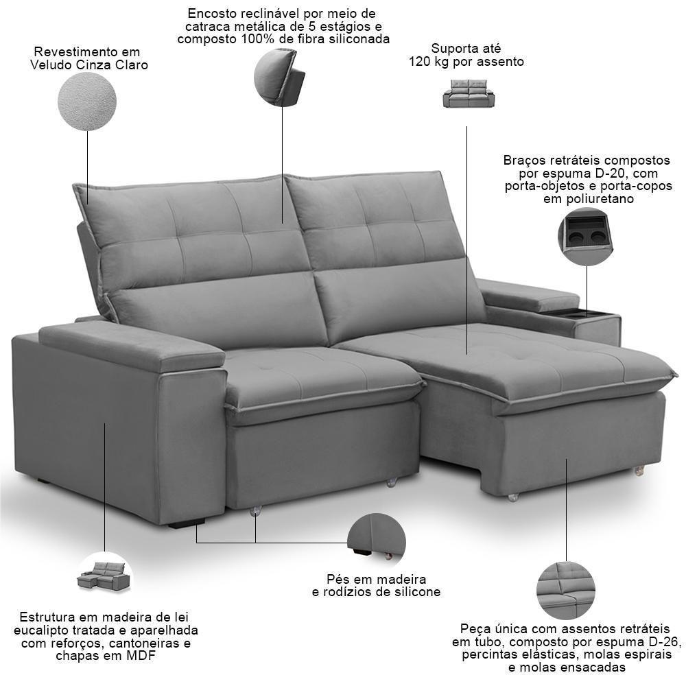 Sofá Retrátil Reclinável Para Sala 3 Lugares 210cm Niels F04 Veludo Cinza Claro - Lyam Decor - 4