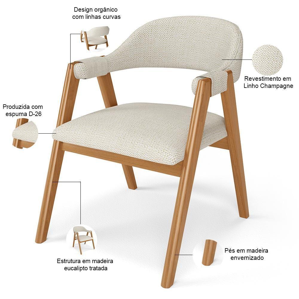 Cadeira De Jantar E Estar Living Estofada Nadja L02 Linho Champagne - Lyam Decor - 4