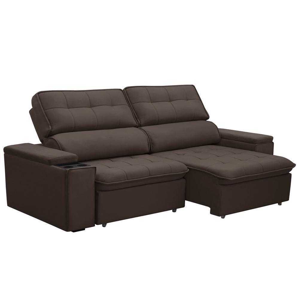 Sofá Retrátil Reclinável Para Sala 3 Lugares 210cm Nour F04 Veludo Marrom Escuro - Lyam Decor - 1