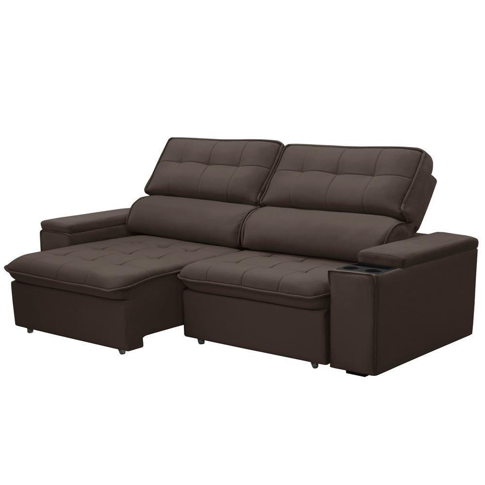 Sofá Retrátil Reclinável Para Sala 3 Lugares 210cm Nour F04 Veludo Marrom Escuro - Lyam Decor - 6