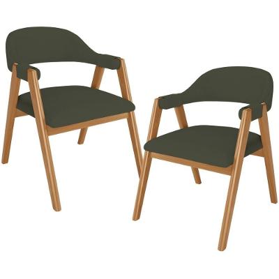 Kit 02 Cadeiras De Jantar E Estar Living Estofada Nadja L02 Linho Verde Musgo - Lyam Decor