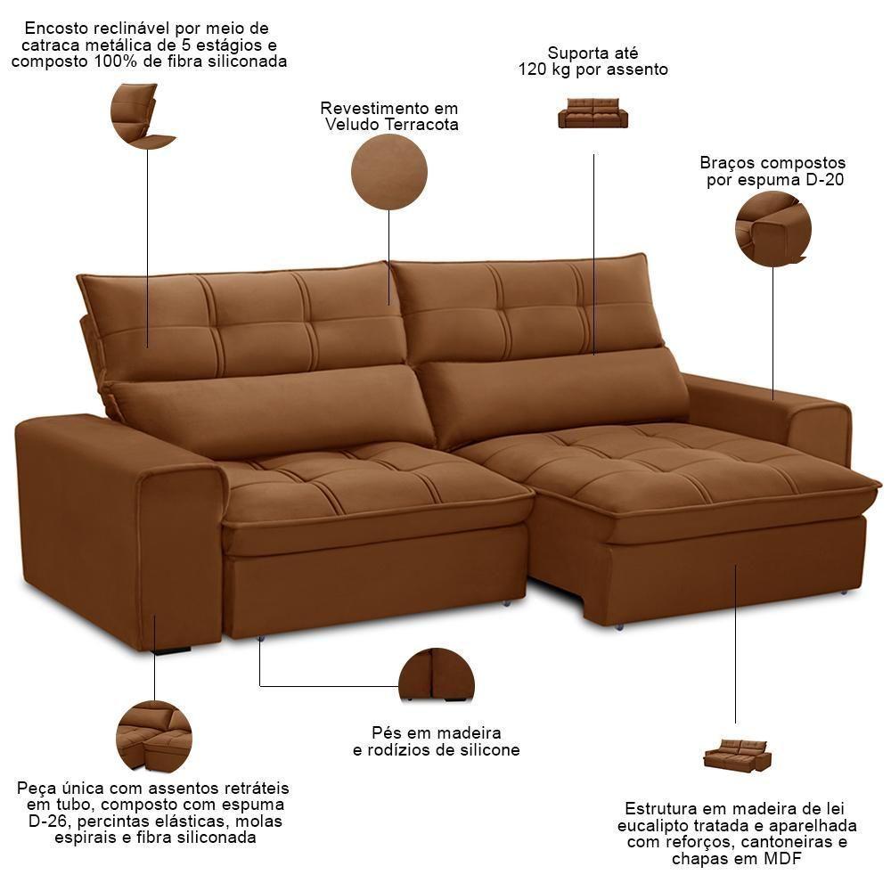 Sofá Retrátil Reclinável Para Sala 3 Lugares 210cm Asaph F04 Veludo Terracota - Lyam Decor - 4