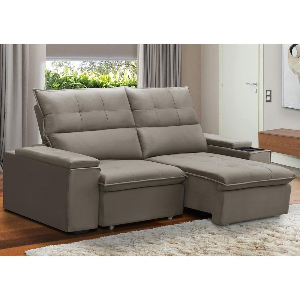 Sofá Retrátil Reclinável Para Sala 3 Lugares 210cm Niels F04 Veludo Marrom Claro - Lyam Decor - 2