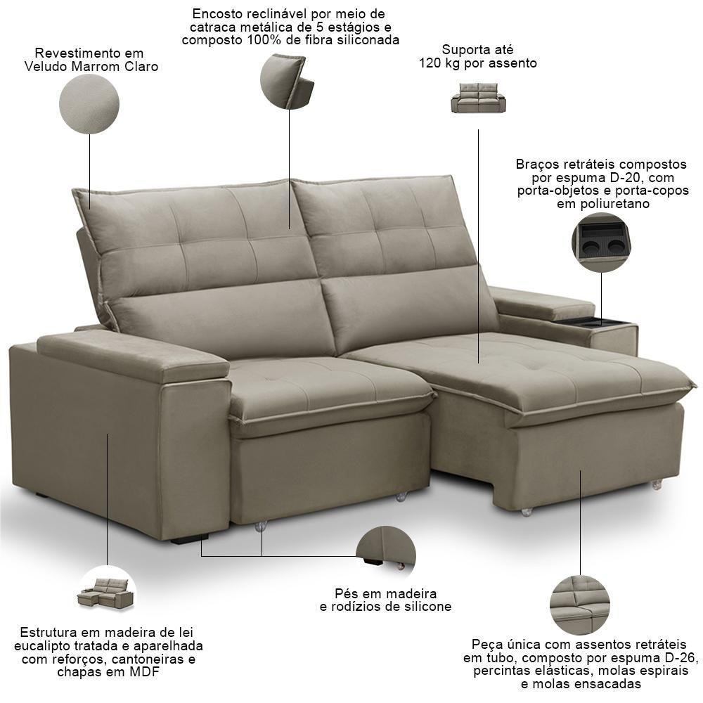 Sofá Retrátil Reclinável Para Sala 3 Lugares 210cm Niels F04 Veludo Marrom Claro - Lyam Decor - 4