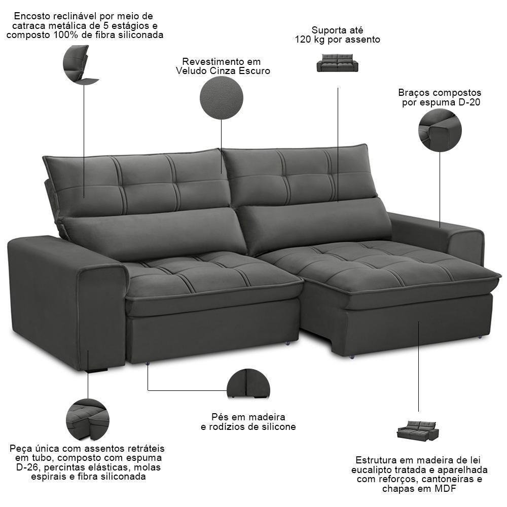 Sofá Retrátil Reclinável Para Sala 3 Lugares 210cm Asaph F04 Veludo Cinza Escuro - Lyam Decor - 4