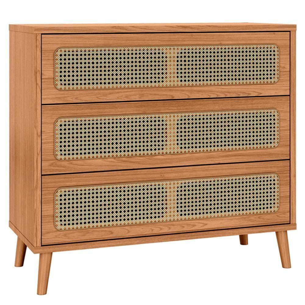 Cômoda Para Quarto 3 Gavetas Com Palha 105cm Pés Retrô Arnoni D03 Freijó - Lyam Decor - 3
