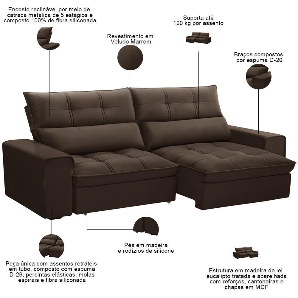 Sofá Retrátil Reclinável Para Sala 3 Lugares 210cm Asaph F04 Veludo Marrom - Lyam Decor - 3