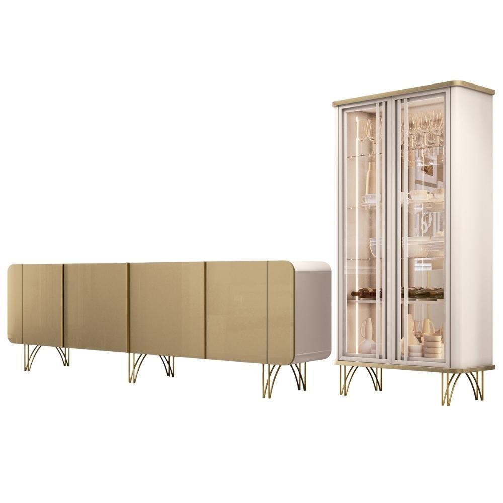 Kit Aparador Buffet Bar Living Santiago Com Cristaleira Adega Síria B01 Off White Champagne - Lyam Decor - 1