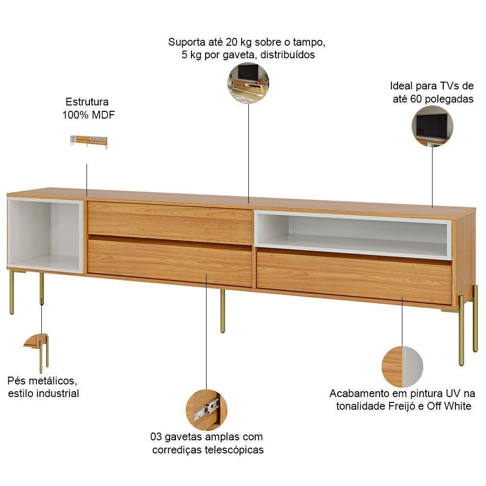 Rack Para Sala De Estar Tv 60 Pol 224cm Industrial Sorah D03 Freijó Off White - Lyam Decor - 7