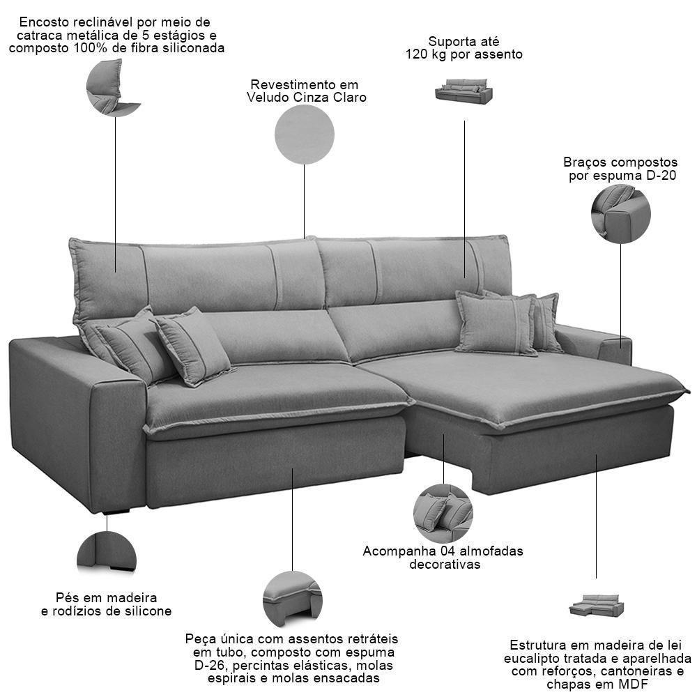 Sofá Retrátil Reclinável Para Sala 3 Lugares 210cm Aisha F04 Veludo Cinza Claro - Lyam Decor - 3