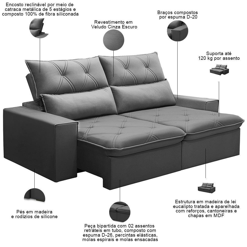 Sofá Retrátil Reclinável Para Sala 3 Lugares 210cm Aires F04 Veludo Cinza Escuro - Lyam Decor - 3