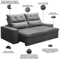 Sofá Retrátil Reclinável Para Sala 3 Lugares 210cm Aires F04 Veludo Cinza Escuro - Lyam Decor - 3