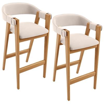 Kit 02 Banquetas Alta Nadja L02 Assento Tecido Estrutura Madeira com Encosto Bege