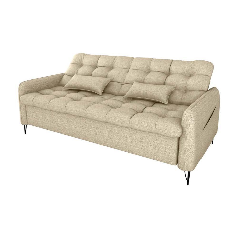 Sofá Cama Reclinável Com Almofadas 3 Lugares 200cm Pillar Linho Bege Matrix Linho Bege - 2