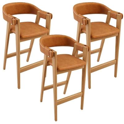 Kit 3 Banquetas Alta Nadja L02 Assento Courino Estrutura Madeira Encosto Marrom