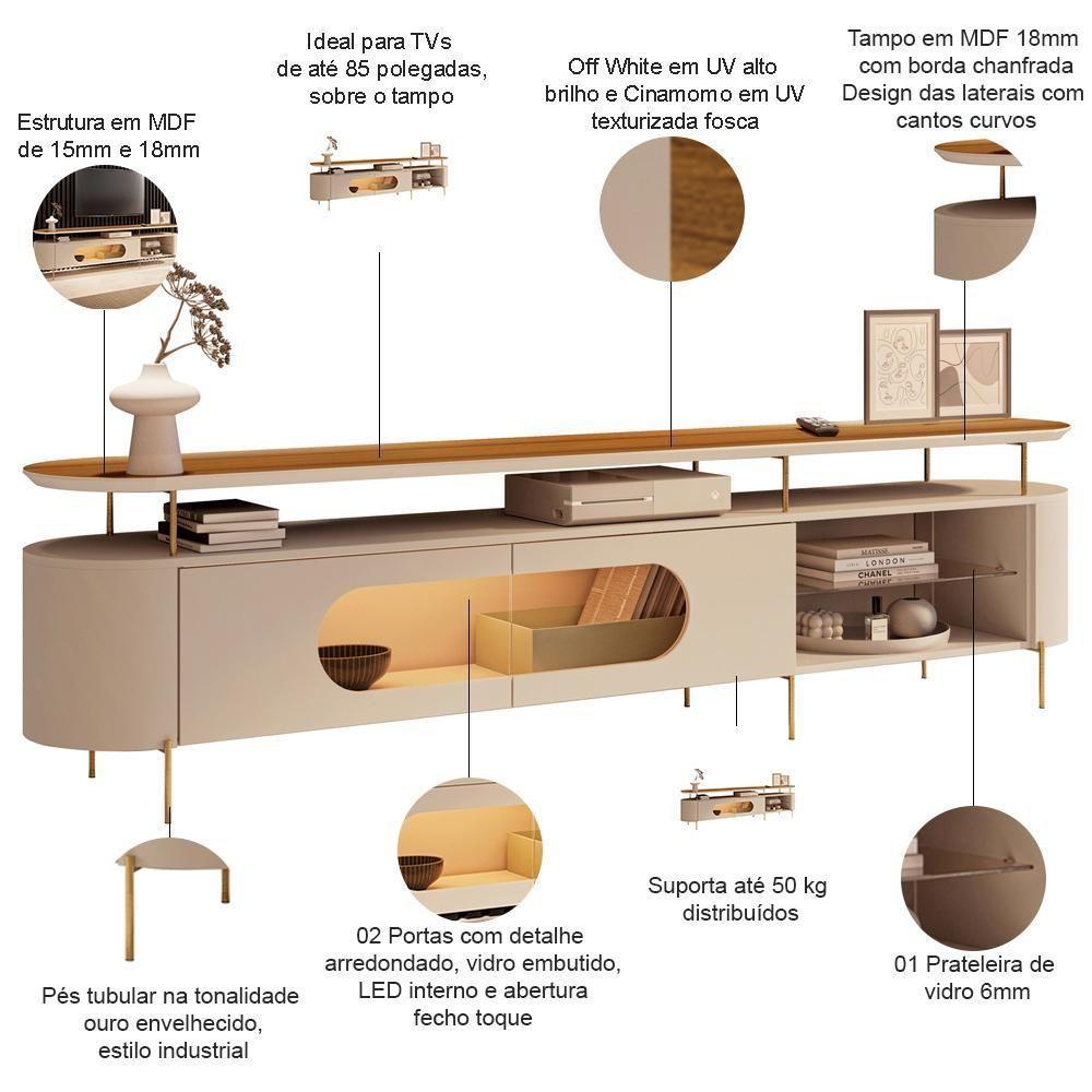 Rack Para Sala De Estar Tv 85 Pol Orgânico Sâmia B01 Off White Cinamomo - Lyam Decor - 3