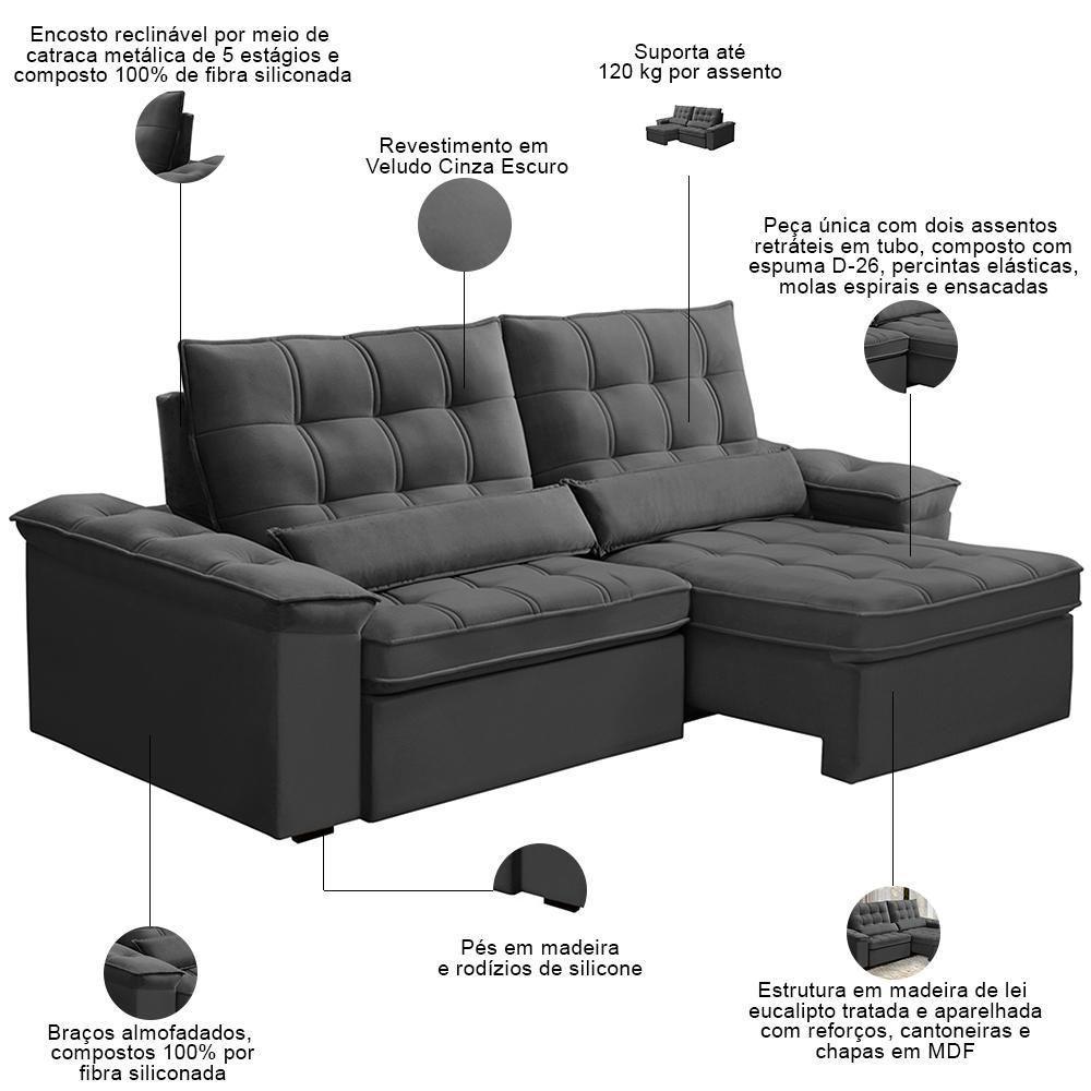Sofá Retrátil Reclinável Para Sala 3 Lugares 230cm Maresi F04 Veludo Cinza Escuro - Lyam Decor - 3