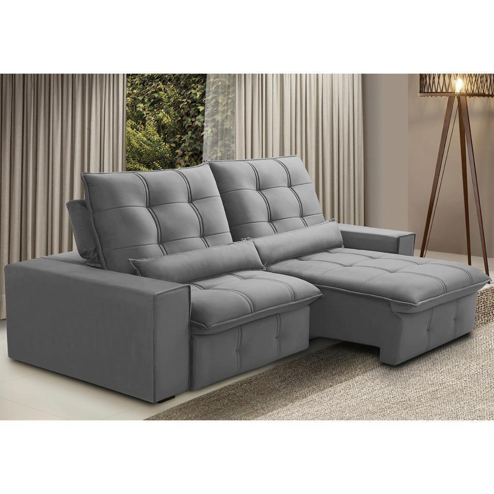 Sofá Retrátil Reclinável Para Sala 3 Lugares 230cm Curie F04 Veludo Cinza Claro - Lyam Decor - 2