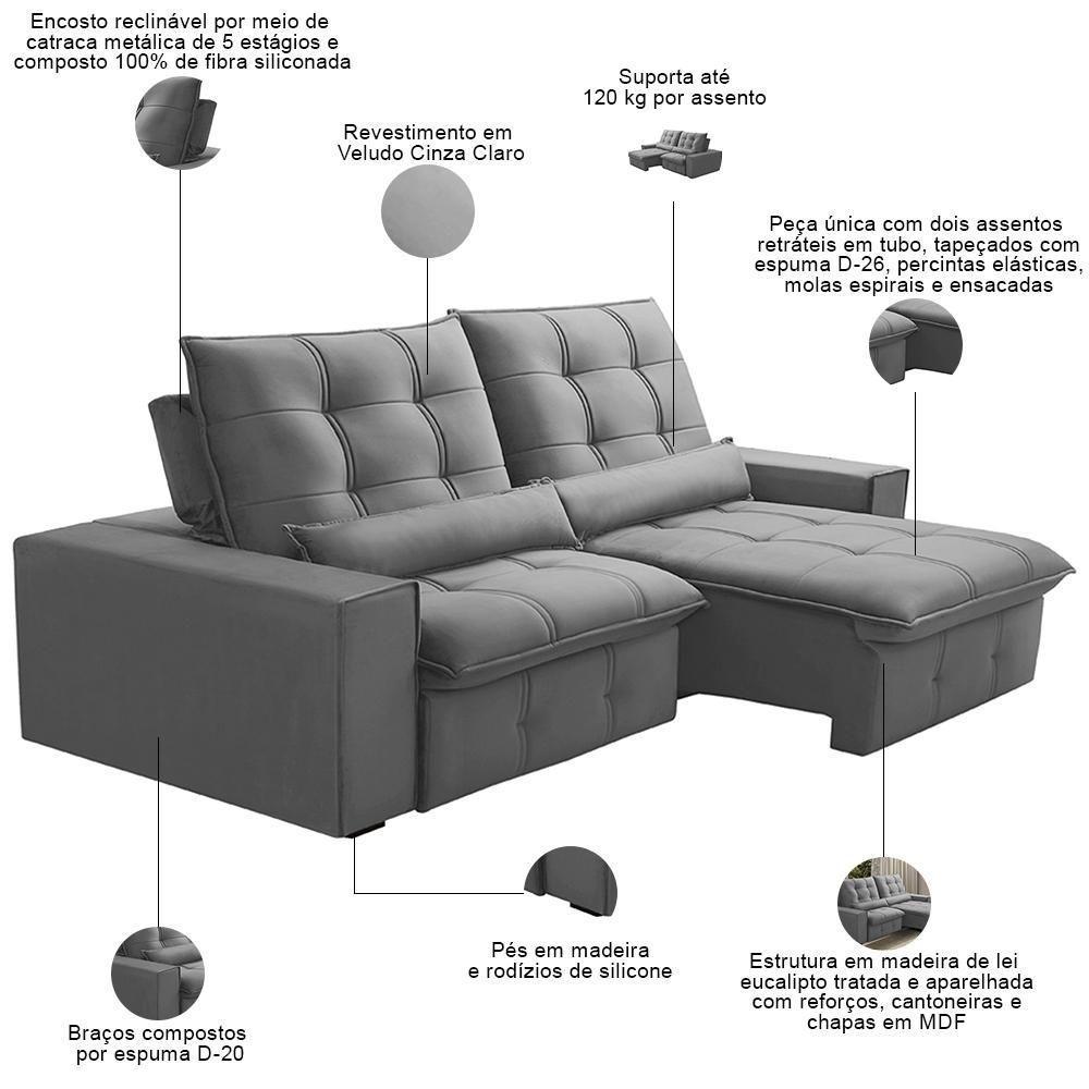 Sofá Retrátil Reclinável Para Sala 3 Lugares 230cm Curie F04 Veludo Cinza Claro - Lyam Decor - 3