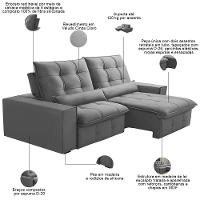 Sofá Retrátil Reclinável Para Sala 3 Lugares 230cm Curie F04 Veludo Cinza Claro - Lyam Decor - 3