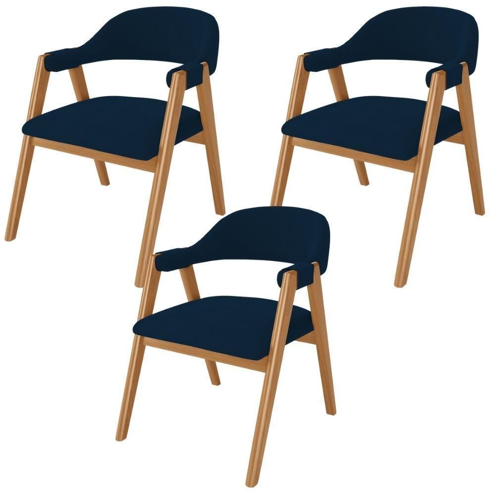 Kit 03 Cadeiras De Jantar E Estar Living Estofada Nadja L02 Suede Azul Marinho - Lyam Decor - 1