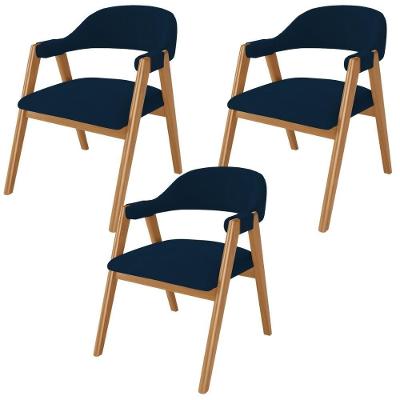 Kit 03 Cadeiras De Jantar E Estar Living Estofada Nadja L02 Suede Azul Marinho - Lyam Decor