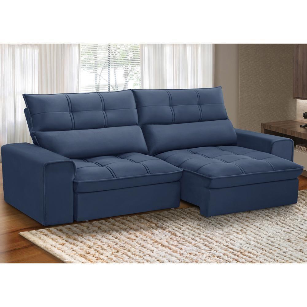 Sofá Retrátil Reclinável Para Sala 3 Lugares 230cm Asaph F04 Veludo Azul - Lyam Decor - 2