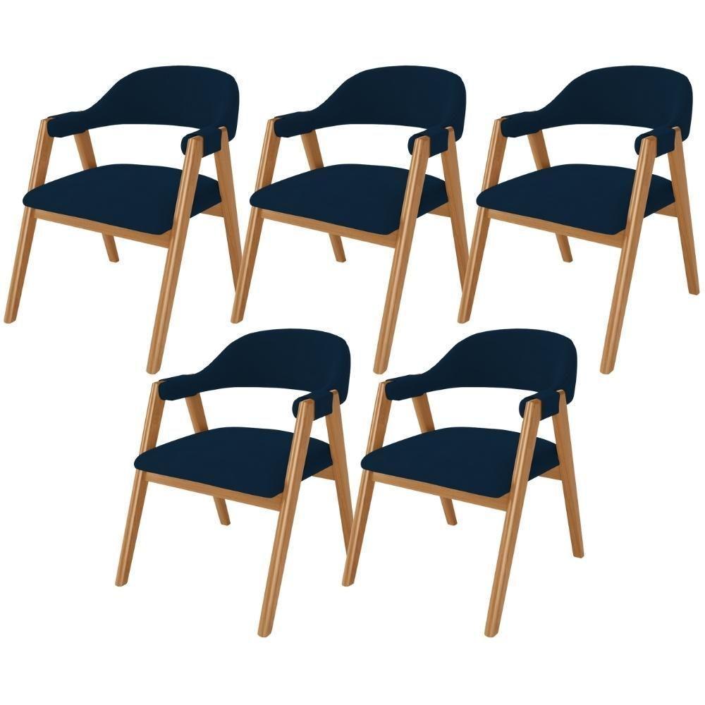 Kit 05 Cadeiras De Jantar E Estar Living Estofada Nadja L02 Suede Azul Marinho - Lyam Decor - 1