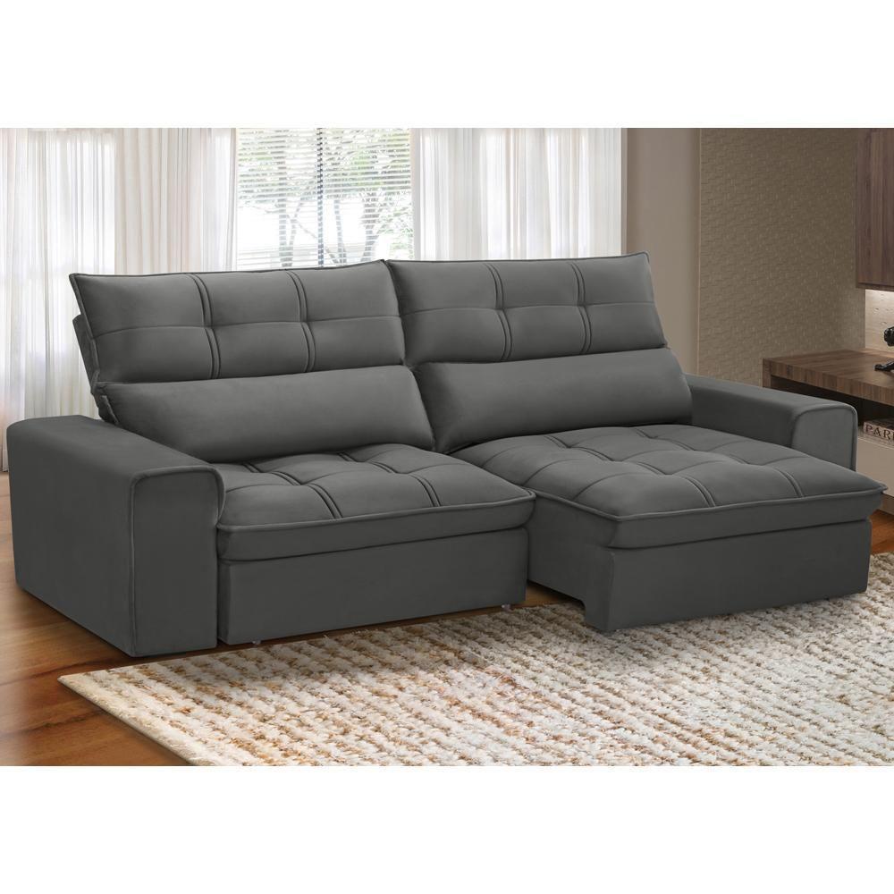 Sofá Retrátil Reclinável Para Sala 3 Lugares 230cm Asaph F04 Veludo Cinza Escuro - Lyam Decor - 4